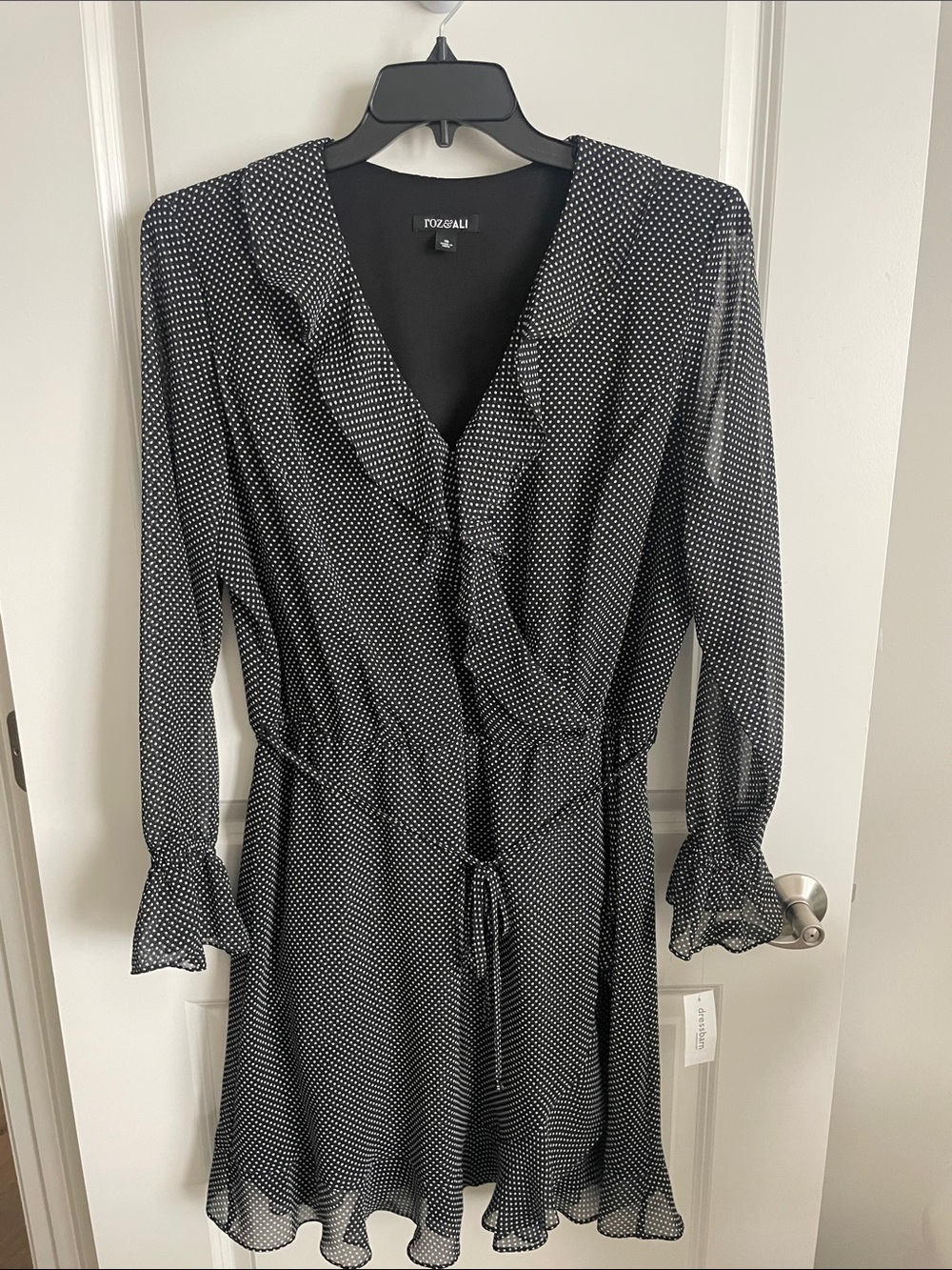 Roz & Ali Black and White Polka Dot Long Sleeve Ruffle Dress